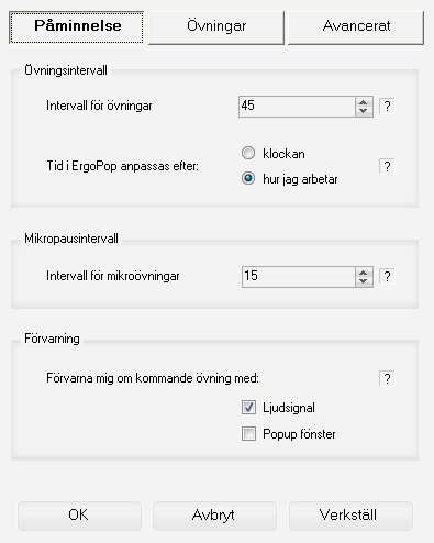 Inställningsflik Påminnelser i ErgoPop